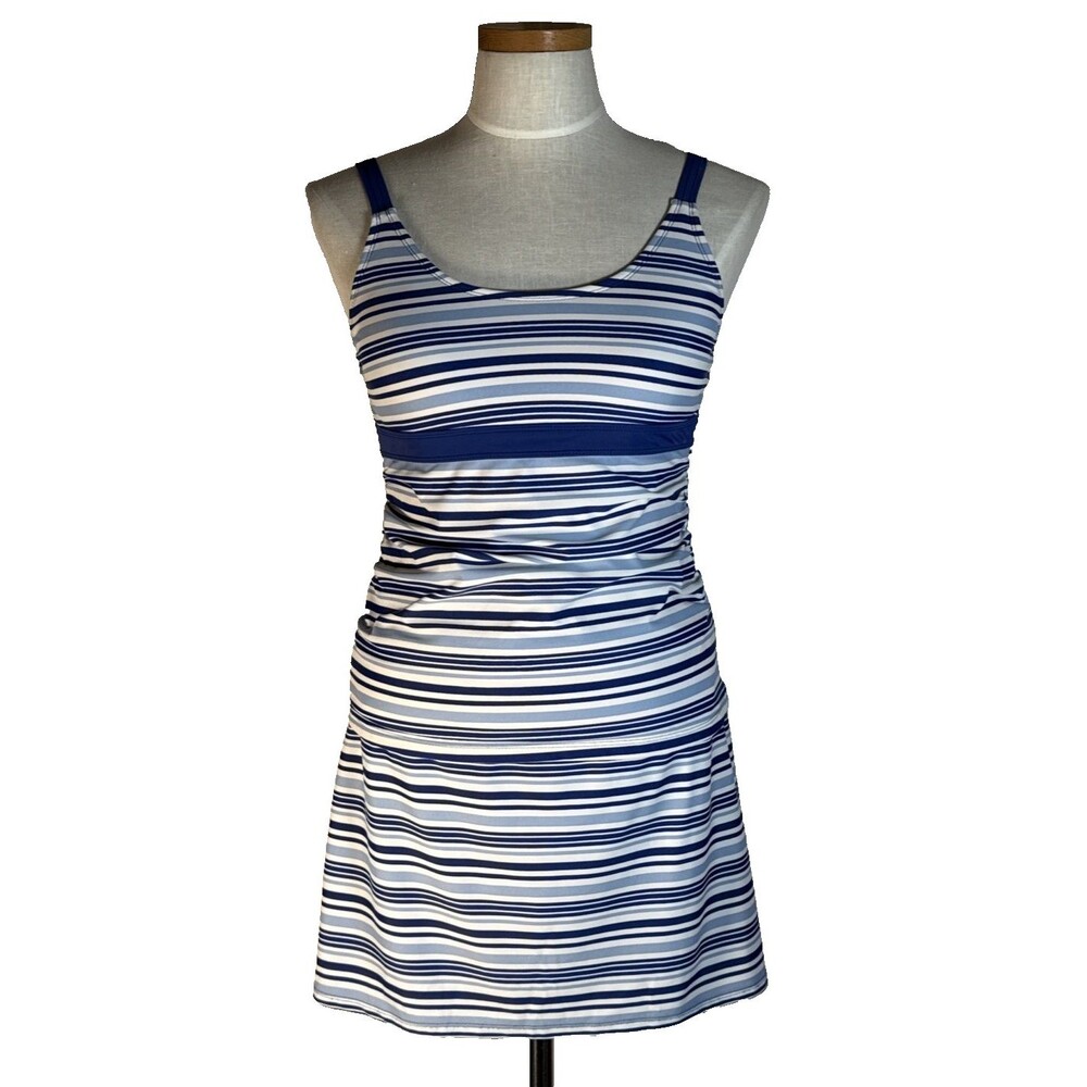 TALBOTS Cabana Life Medium Blue Stripe Tankini Set Top Wrap Skirt Bottom EUC